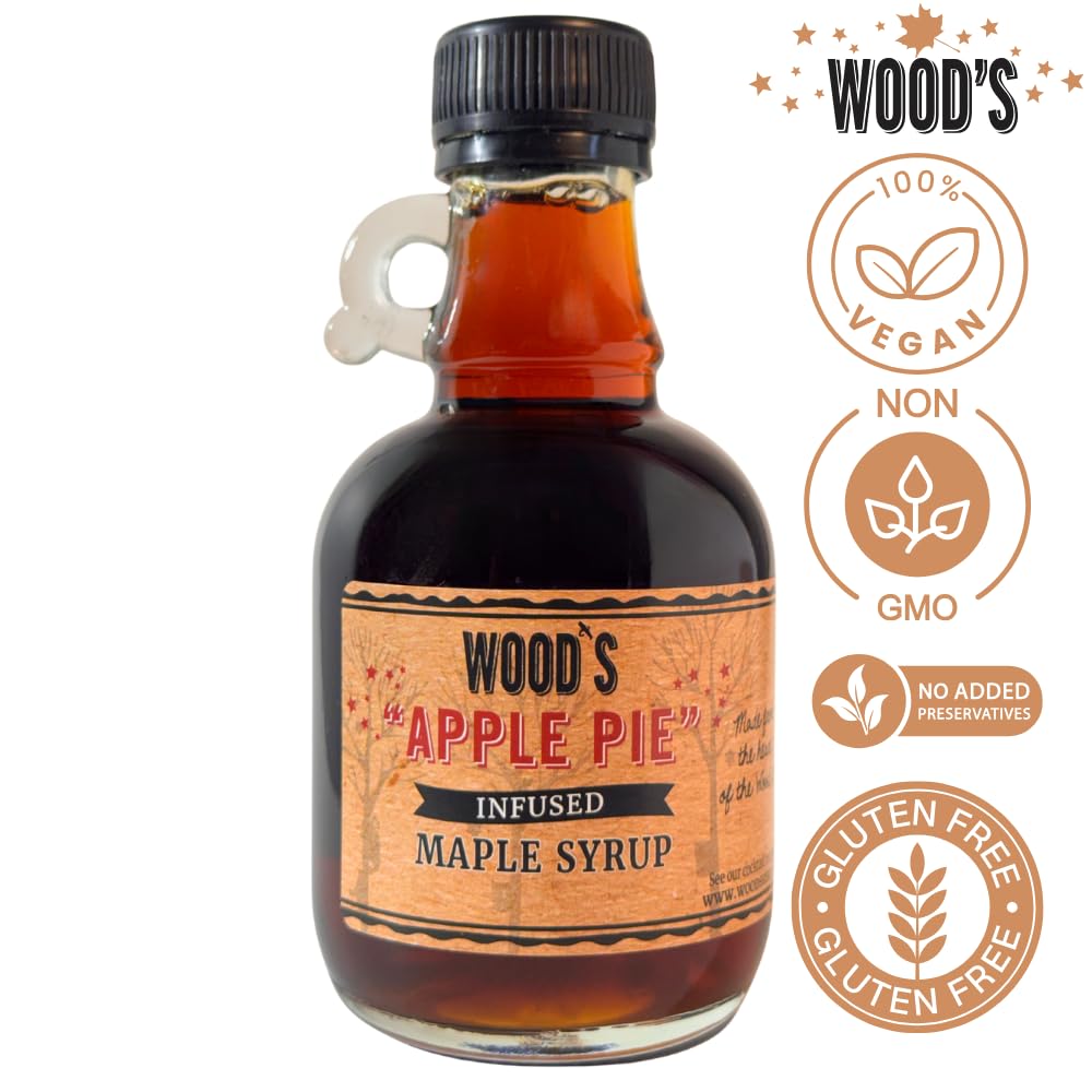 Wood’s Vermont Apple Pie Maple Syrup – Infused Vermont Maple Syrup with Warm Spices &amp; Real Apple Flavor | Small-Batch, Vegan Natural Sweetener | Perfect for Pancakes, Ice Cream, Cocktails &amp; Baking | 8.45 Fl Oz (250mL)