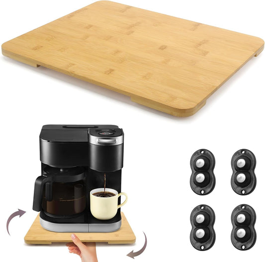 360° Rolling Tray Bamboo Appliance Slider for Kitchen Appliances, Coffee Maker Mat Tray for Countertops Sliding Tray for