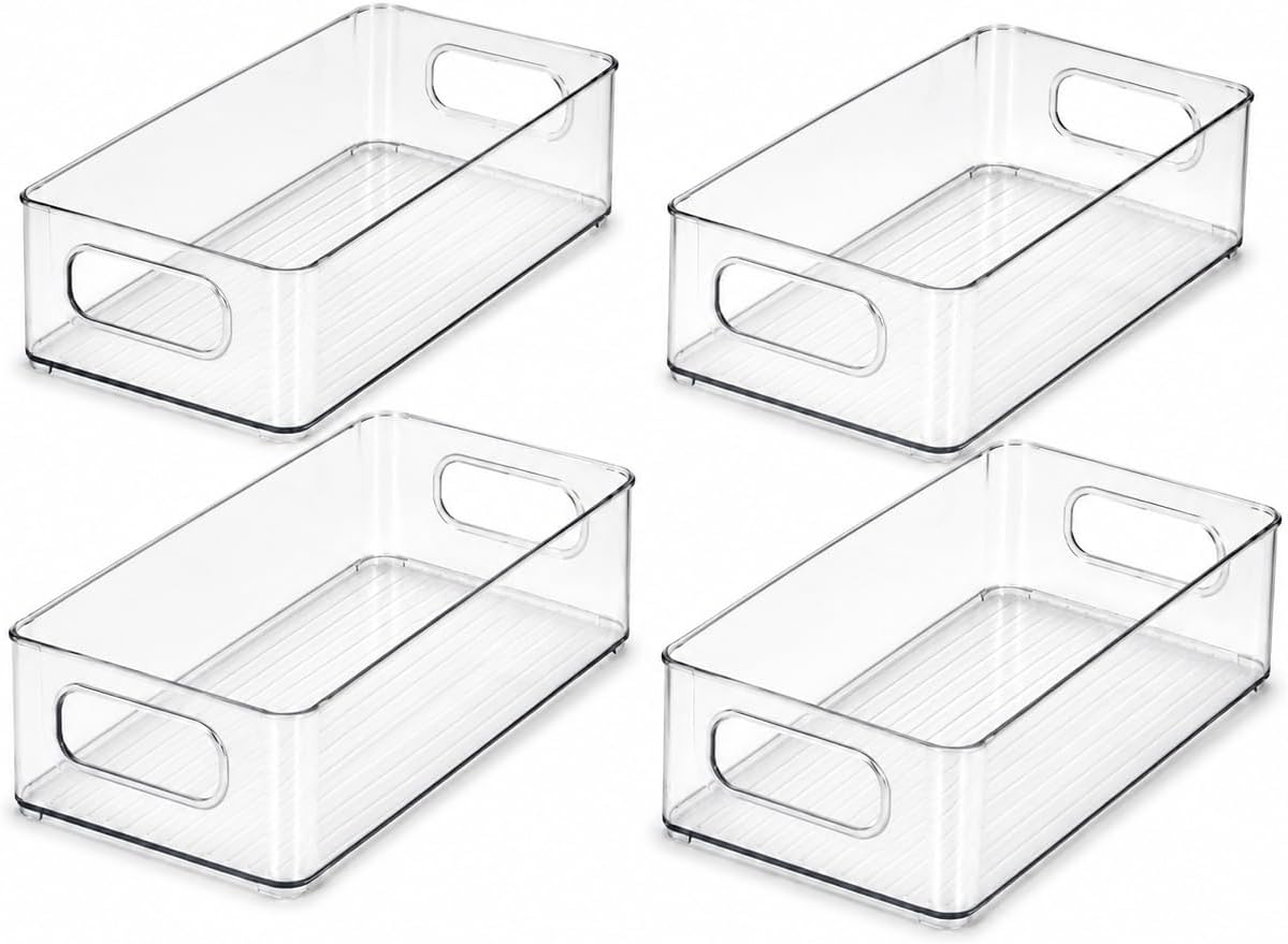 LotFancy Refrigerator Organizer Bins, 4 Pack,10x6x3 in, BPA Free Clear Plastic Storage Bins for Pantry Organization, Stackable Containers with Handles for Fridge, Kitchen Drawer, Freezer, Cabinet