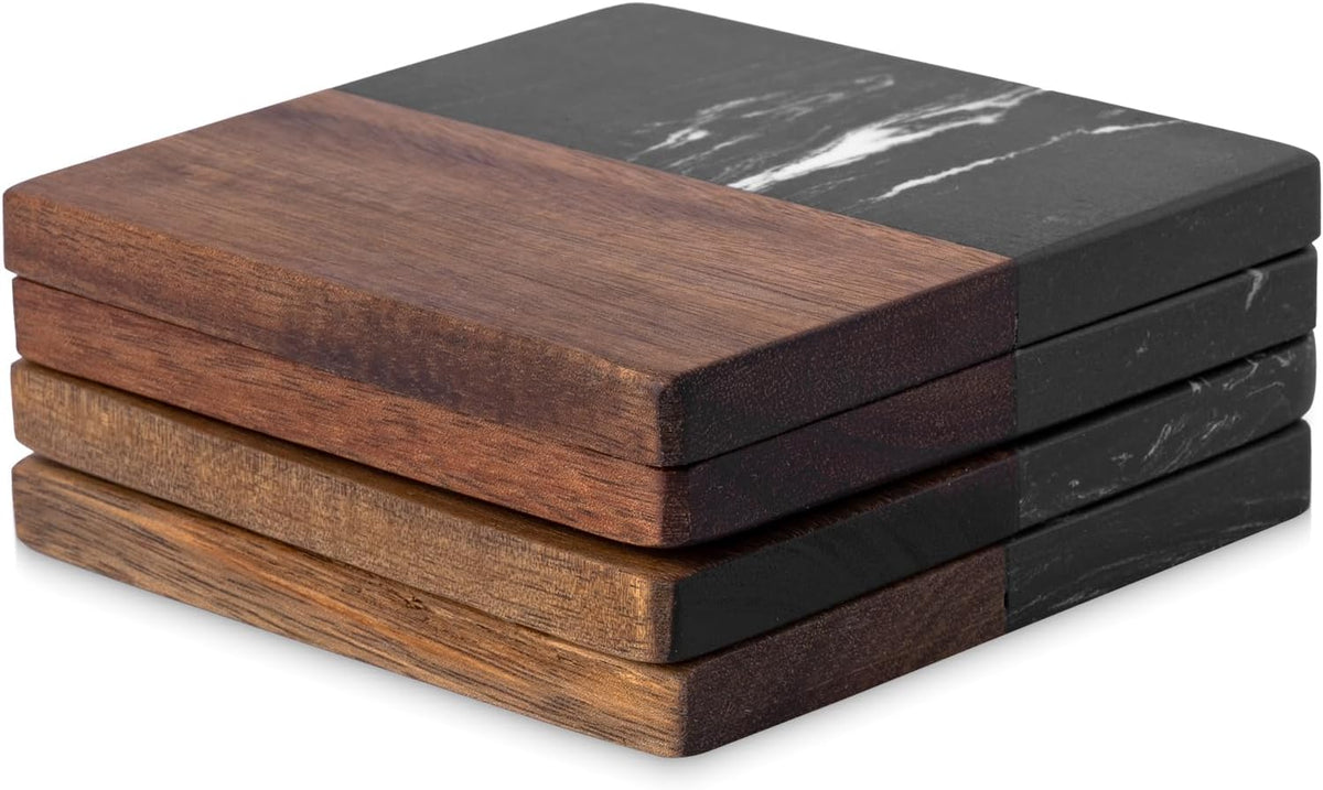 Marble Coasters: 4-Piece Set of Acacia Wood Marble Coasters, Suitable for Kitchens, Offices, and can be Used as Gifts (Black Square)