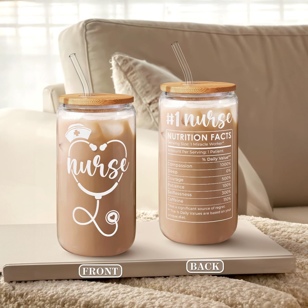 SANDJEST Nurse Glass Can, Nutrition Facts Cup with Lid &amp; Straw, Iced Coffee Aesthetic Cups, Idea Gift for Christmas Birthday Nurse Week, Gifts for Women, 16oz
