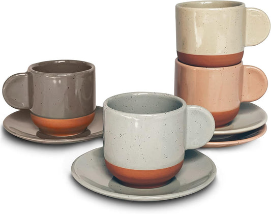 Mora Ceramic Mini Espresso Cups Set of 4, 3oz - Tiny Italian Inspired Mugs With Saucers For Small Shots of Coffee - Modern