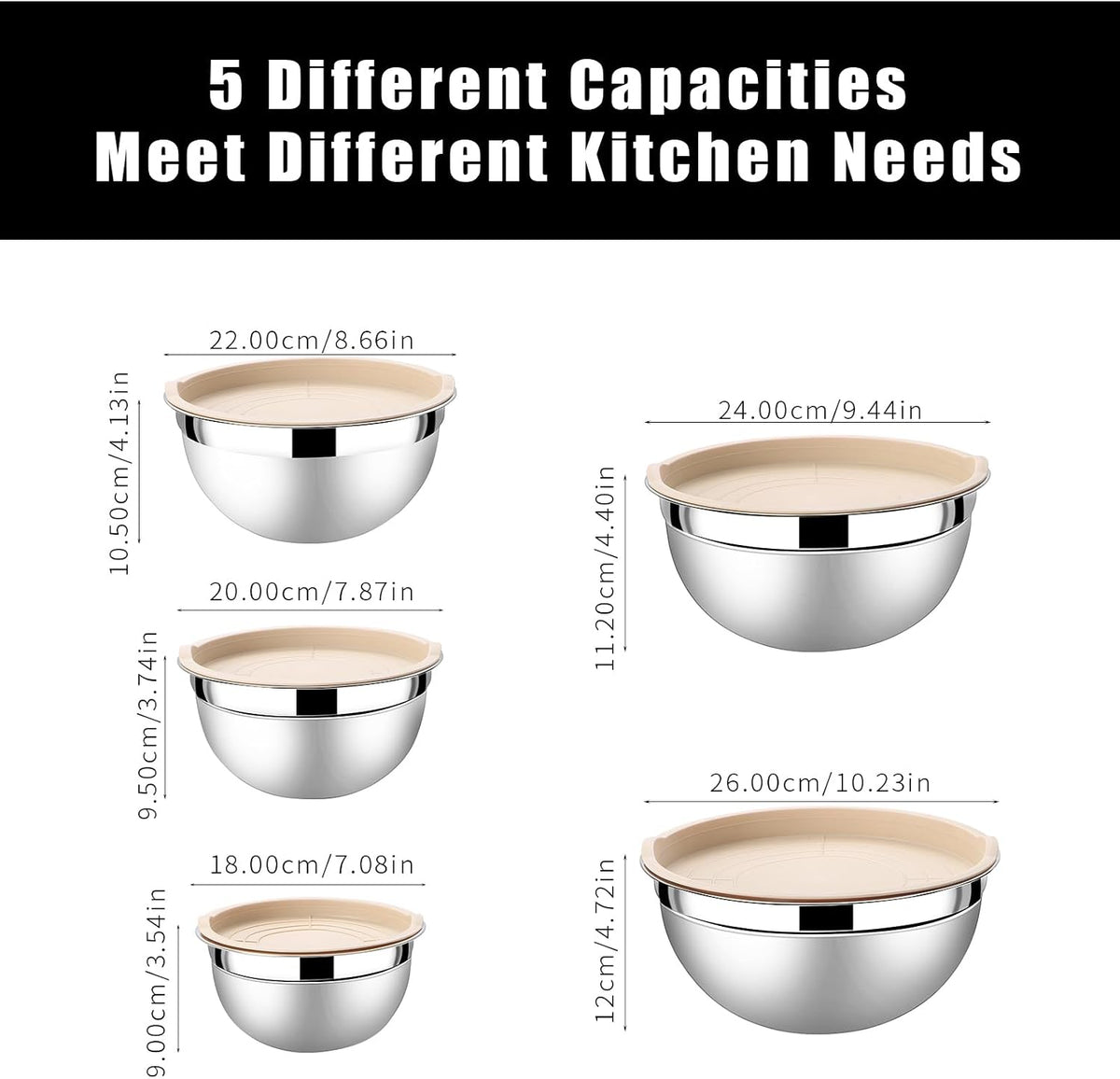 Lazycorner Mixing Bowls with Airtight Lids Set 5 Pcs Stainless Steel Bowls Set Baking Set Non-Slip Silicone Bottoms Great for Serving &amp; Baking