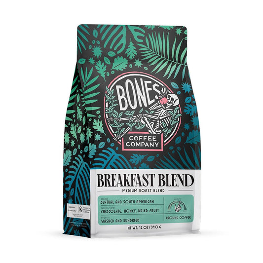 Bones Coffee Company Breakfast Blend, Chocolate, Honey and Dried Fruit Notes, Unflavored Coffee, Medium Roast Low Acid