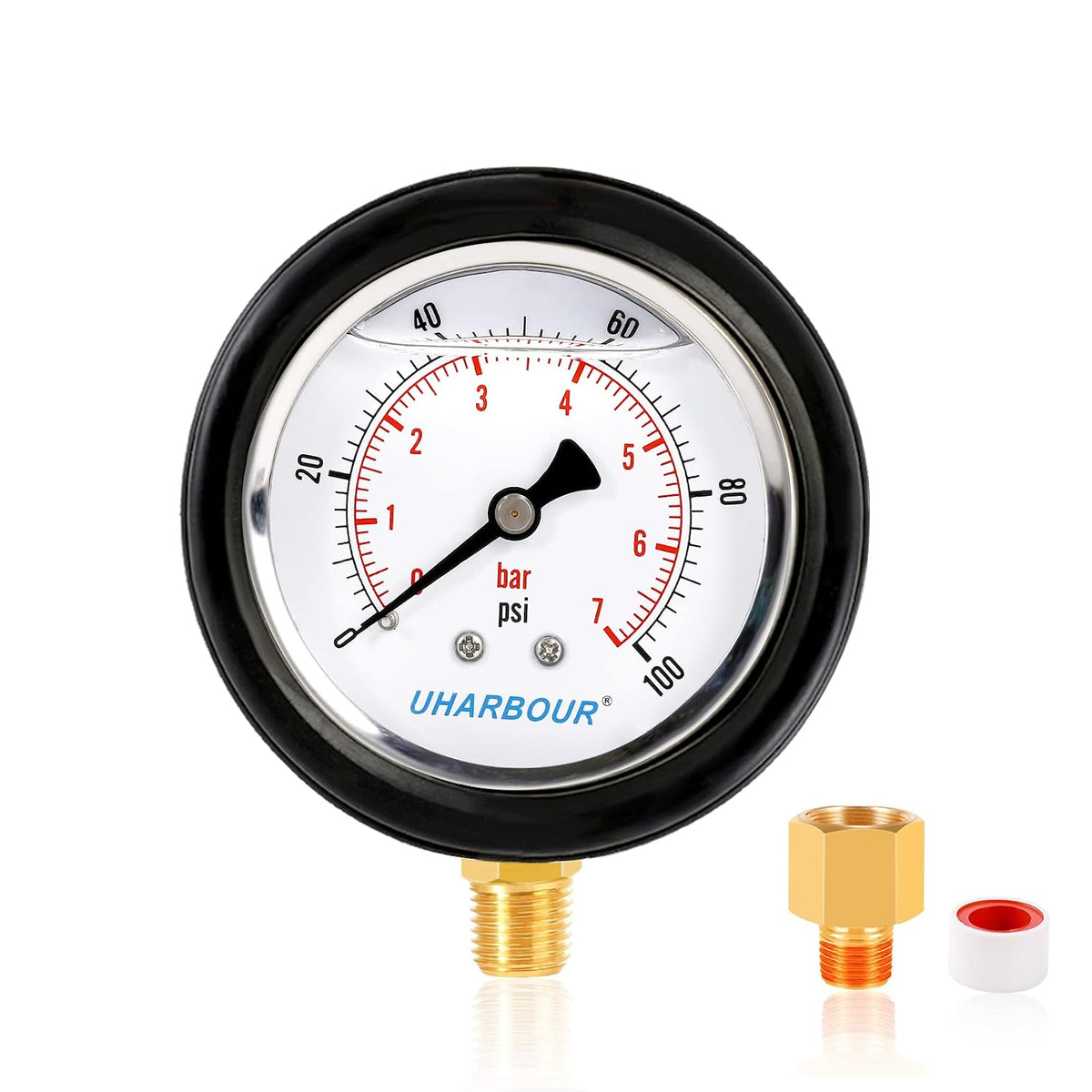 UHARBOUR Water Pressure Gauge 0-100PSI, 2-1/2" Liquid Filled Dial