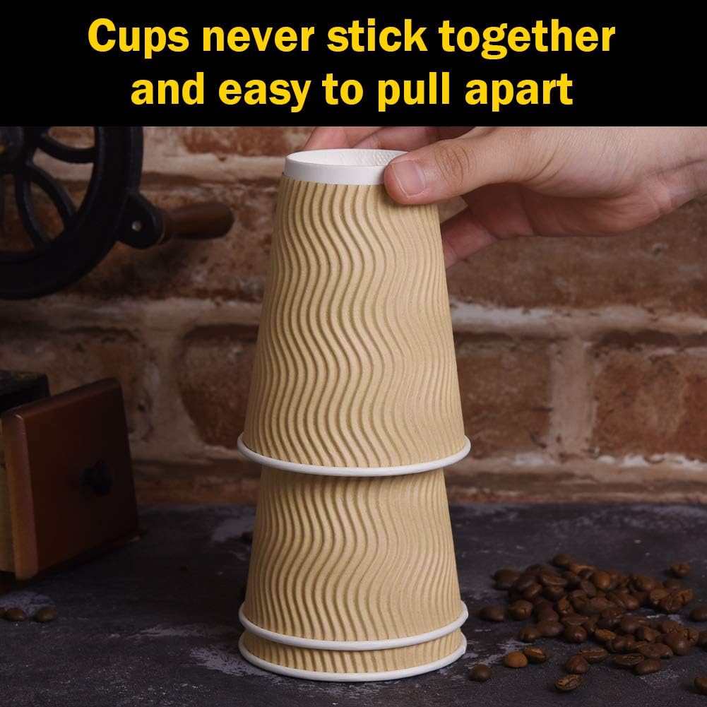 Disposable Paper Coffee Cups with Lids, 100 pack 12 oz Ripple Wall Insulated To Go Coffee Cups for Hot/Cold Beverage, Recyclable Takeaway Drinking Cups for Home Office Cafe Party