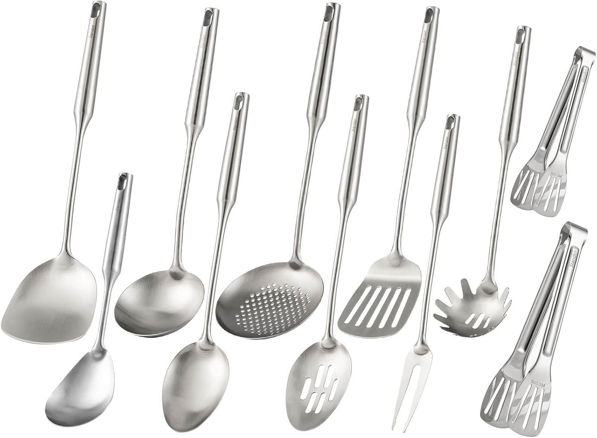 18/10 Stainless Steel Cooking Tools Set - 11PCS All Metal Kitchen Utensils | Round Handle Utensils - 2 Tongs, Fork, Solid Slotted Spoon, Spatula, Soup Ladle, Skimmer, Turner, Spaghetti, Large Spoon