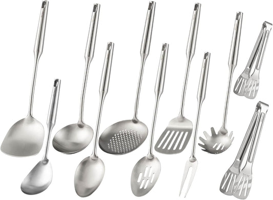 18/10 Stainless Steel Cooking Tools Set - 11PCS All Metal Kitchen Utensils | Round Handle Utensils - 2 Tongs, Fork, Solid Slotted Spoon, Spatula, Soup Ladle, Skimmer, Turner, Spaghetti, Large Spoon