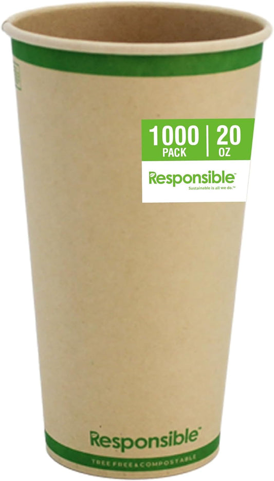 20 oz Paper Hot Cups, Tree-Less™ Compostable Paper Coffee Cups, Extra Strength, Tree-Free and Made Without PFAS, Natural