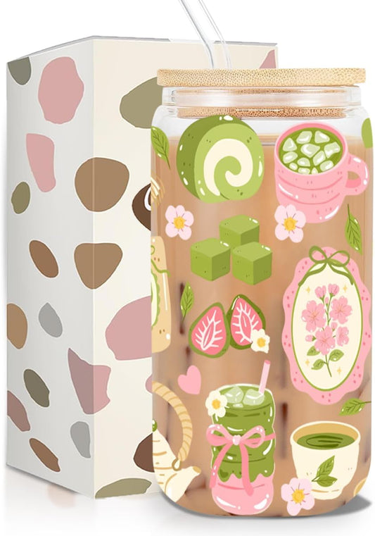 Matcha Girly Glass Cup, Matcha Lovers Gift, Kawaii Latte Girly Glass Tumbler, 16 oz Cafe Aesthetic Iced Coffee Cup with Lid