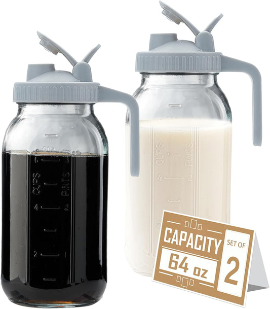 64oz Glass Pitcher with Lid - 2 Quart Mason Jar Pitcher with Spout, Leak-proof Milk Container for Refrigerator, Easy to