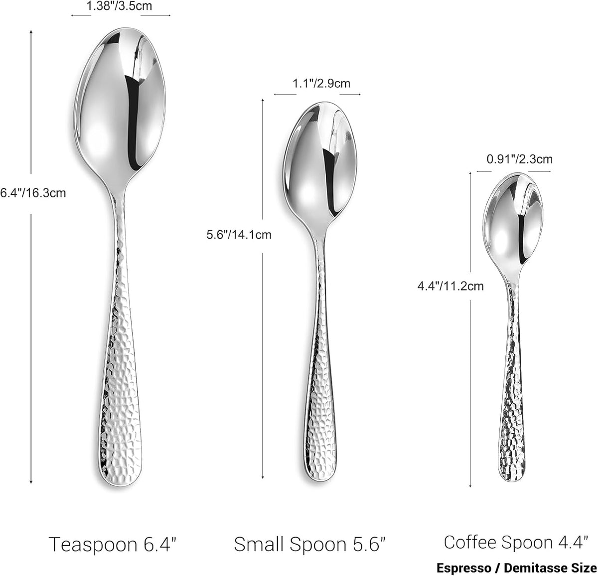 KEAWELL Premium Louise Hammered 6-Pc 4.4-Inch Coffee Spoons (6, 4.4 inches) | 18/10 Stainless Steel Demitasse Espresso Spoons; Hammered Design; Mini Coffee Spoons; Bright Mirror Polish; Dishwasher Safe