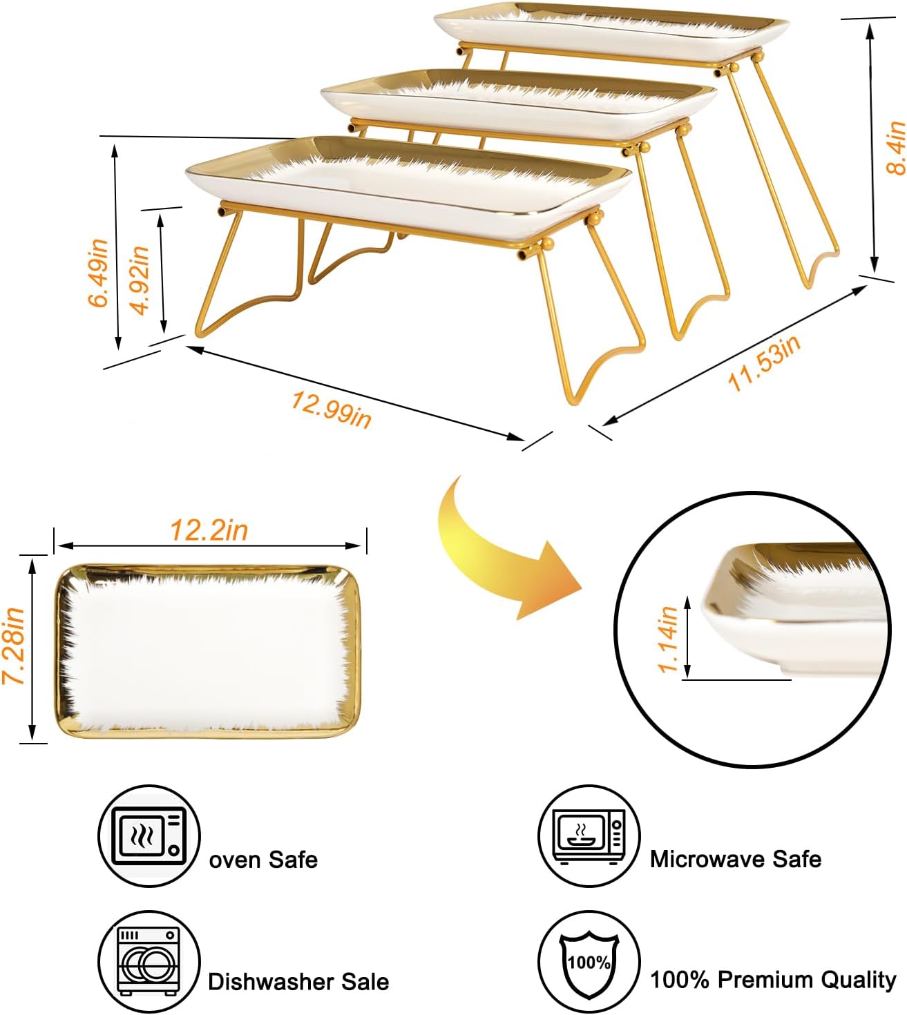 HAPPY KIT 3-Tier Porcelain Serving Tray 12in, Gold-Rimmed Combinable Rack | Freely Combinable Rack, Widened Porcelain Platters, Cupcake Stand Collapsible, Gold-Rimmed
