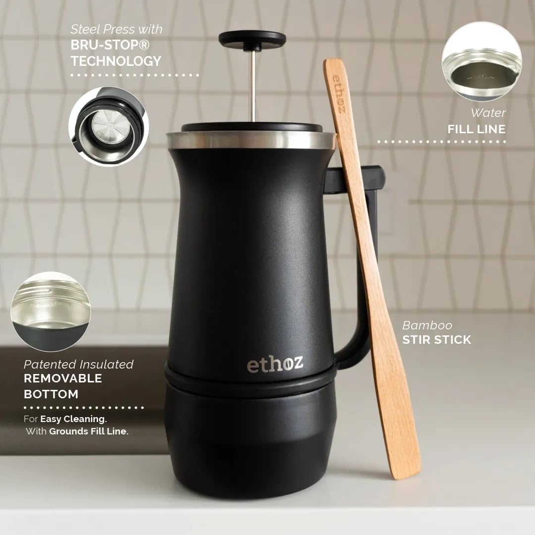 Ethoz by Planetary Design | Uptowner French Press | 32oz Stainless Steel | US Patented Bru-Stop &amp; Removable Bottom | Double-Wall Insulated for Smooth, Balanced Coffee – No Grit, No Bitterness