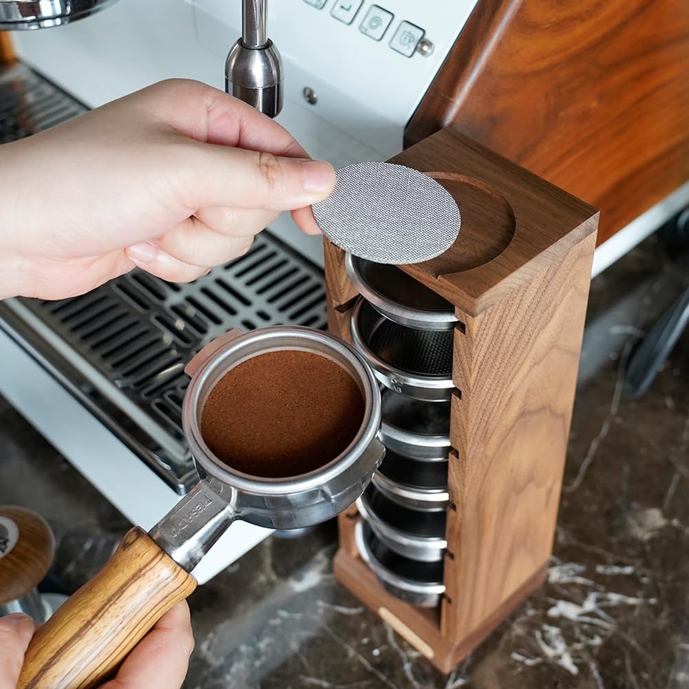 watchget 58mm Espresso Filter Basket Stand Portafilter Basket Holder Rack | Holds 6 Espresso Filter Basket; Puck Screen Holder; Walnut Wood