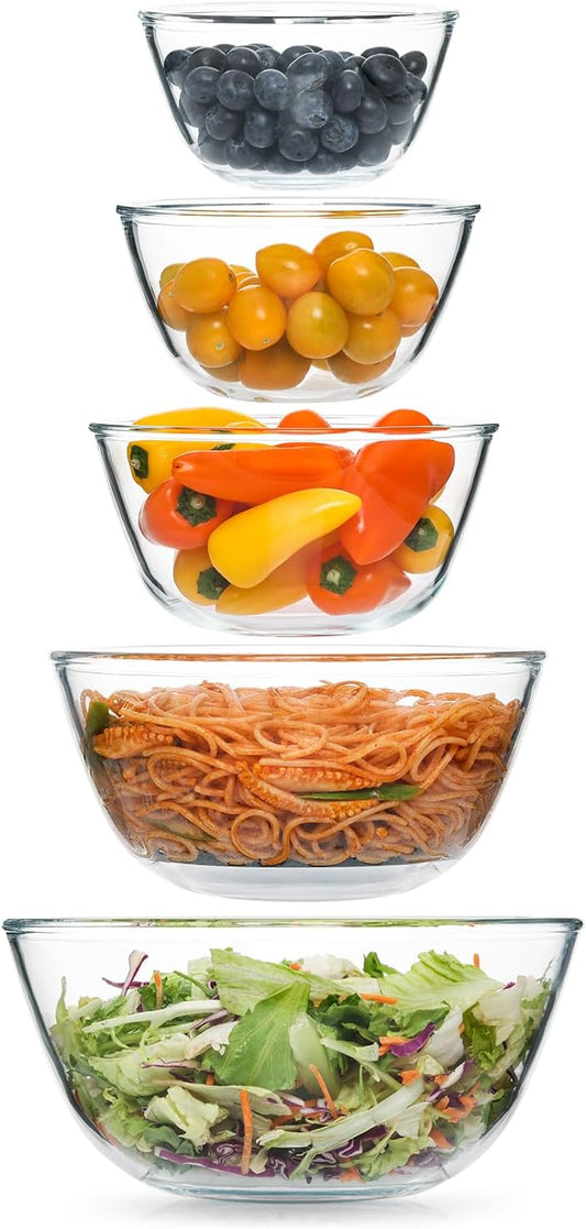 5pc Glass Mixing Bowls Sets (4.65QT, 2.80QT, 1.64QT, 1.16QT, 0.85QT), Glass Nesting Kitchen Thick Bowl for Baking, Cooking