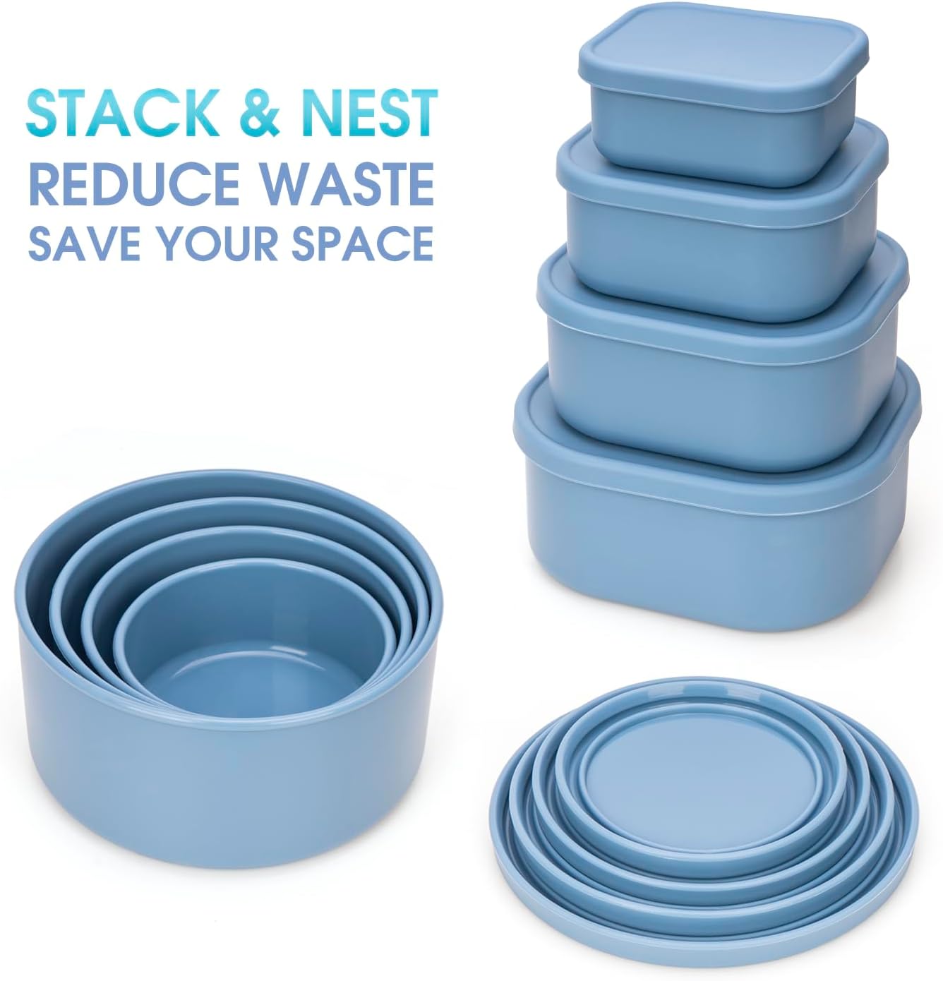 100% Silicone Food Storage Containers with Lids, 8 Pack, 10oz to 51oz, Reusable Leakproof Nesting &amp; Stackable Silicone Bento Lunch Box, Microwave Freezer Dishwasher Oven Safe, BPA Free, Slate Blue