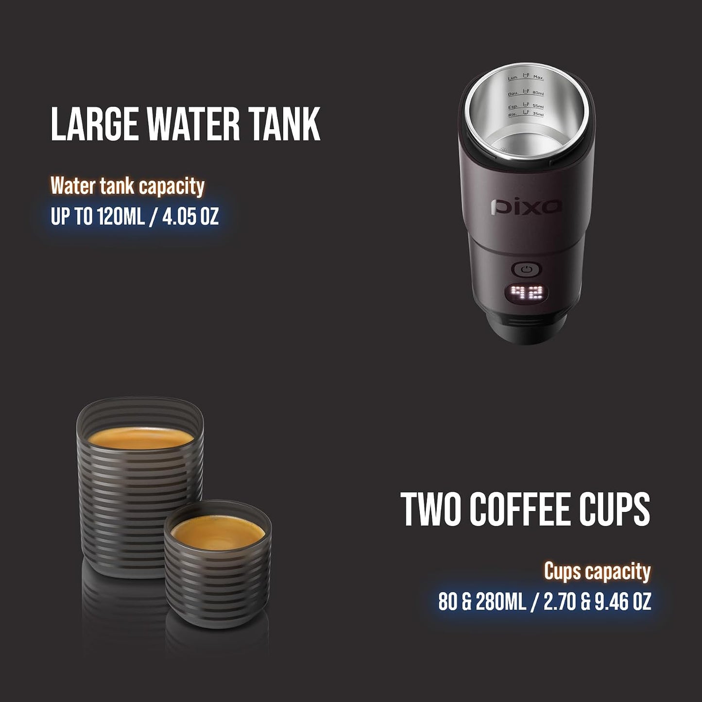 WACACO Pixapresso Espresso Machine Electric &amp; Portable (Dark Burgundy) | 4 Coffee Types, Fast Heat-up, 3 x 3000mAh Battery, Patented 8-16g Basket, Grounds &amp; Capsules, Touchscreen, Travel, Camping