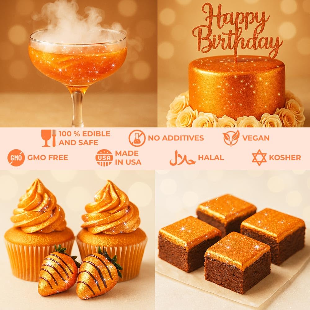 Halloween Orange Edible Glitter for Drinks | Premium Orange Tangerine Edible Glitter for Cakes Drink - Shimmer Glitters Cake Decorations for Strawberries Cocktail Shimmering