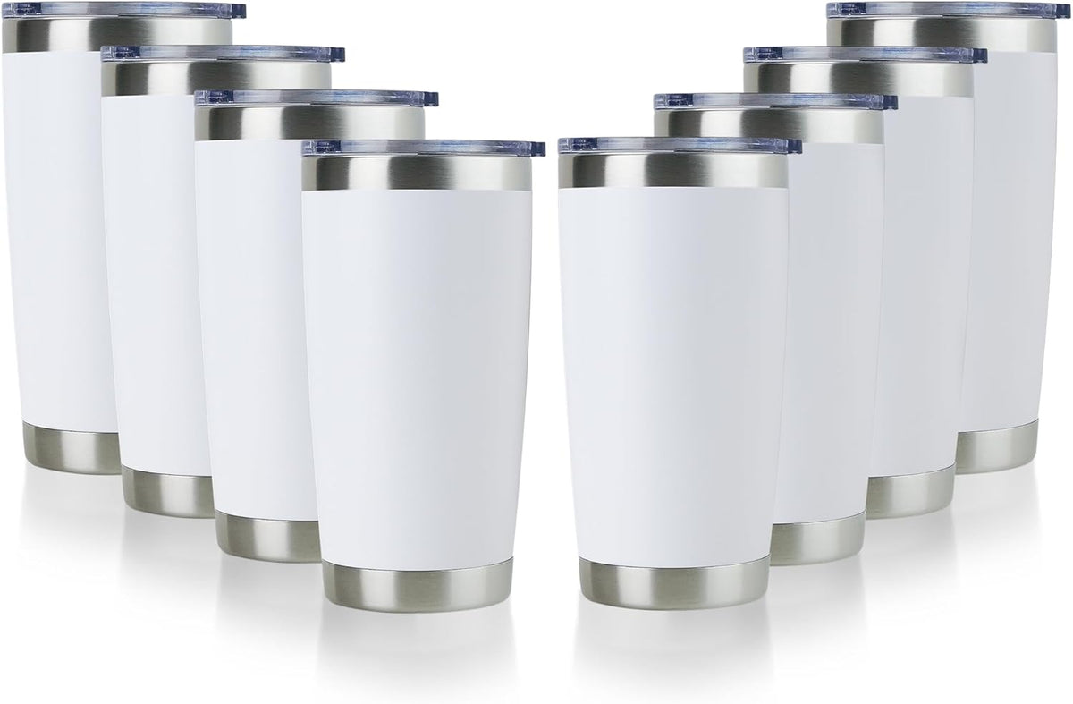 DOMICARE 20oz Stainless Steel Tumbler Bulk with Lid, Double Wall Vacuum Insulated Travel Mug, Powder Coated Coffee Cup, Powder White, 8 Pack