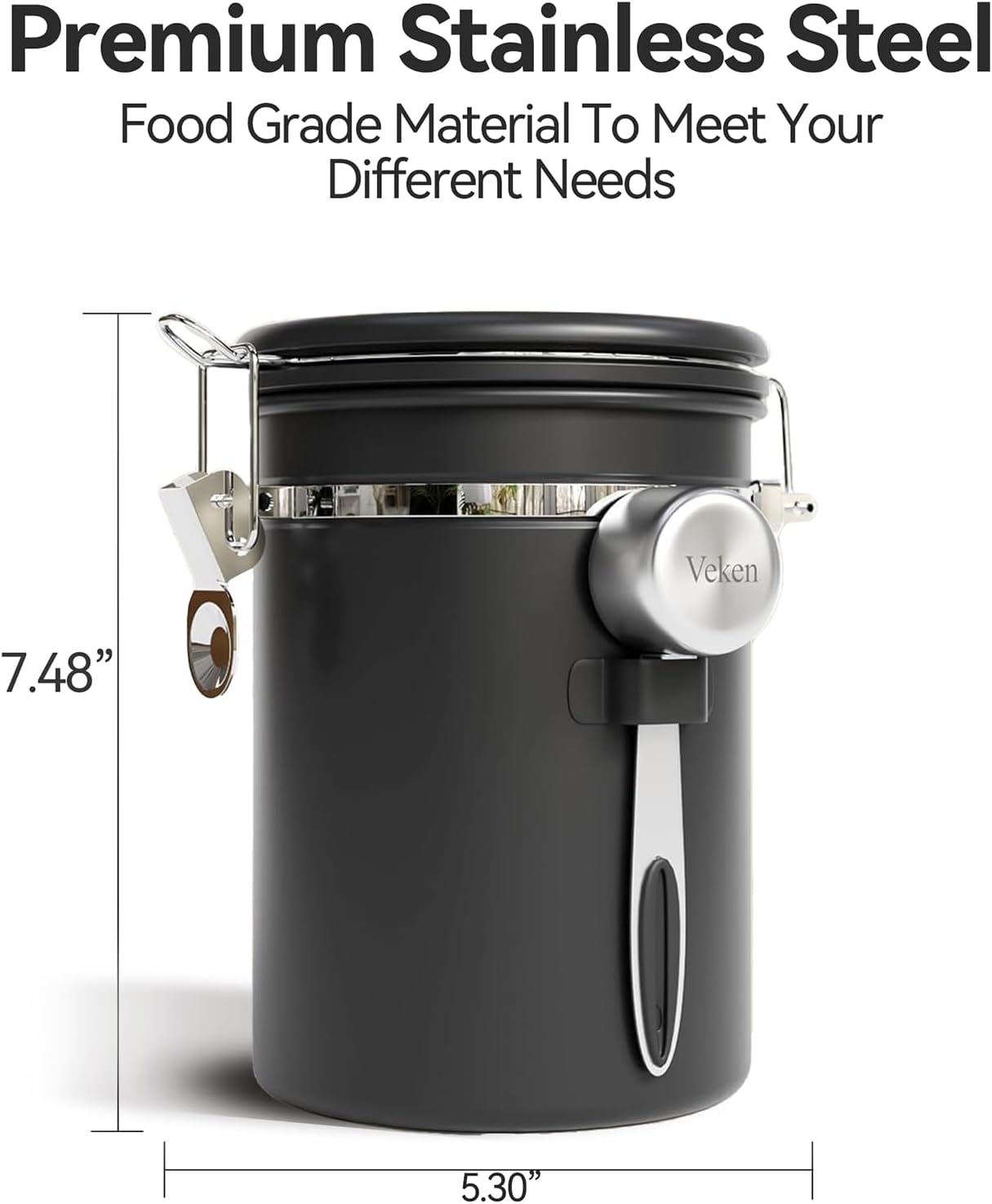 Veken Coffee Canister with Window, Airtight Stainless Steel Container, 22OZ | Kitchen Food Storage Pantry Organizers for Beans,Ground,Espresso,Rice,Tea,Sugar,Bar Accessories,Gifts,Lids,Jars, Scoop, Black