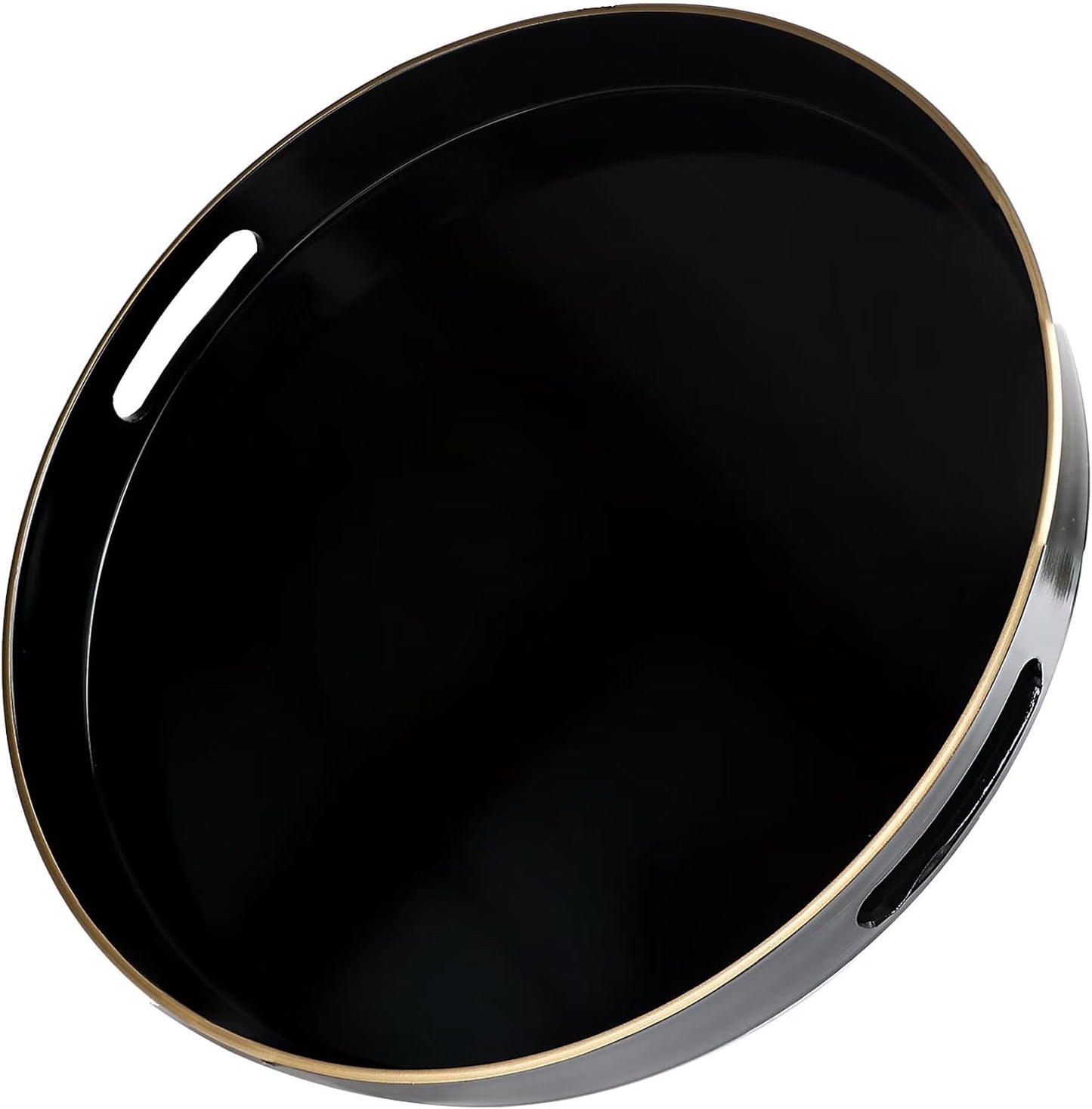 Black Round Decorative Tray with Handles, 13" Versatile Serving Tray for Coffee Table, Ottoman, Idea