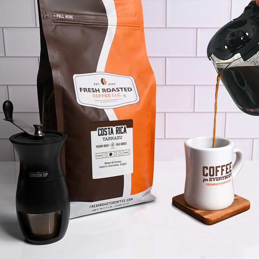 Fresh Roasted Coffee, 100% Costa Rican Tarrazu, 5 lb (80 oz), Medium Roast, Kosher, Whole Bean