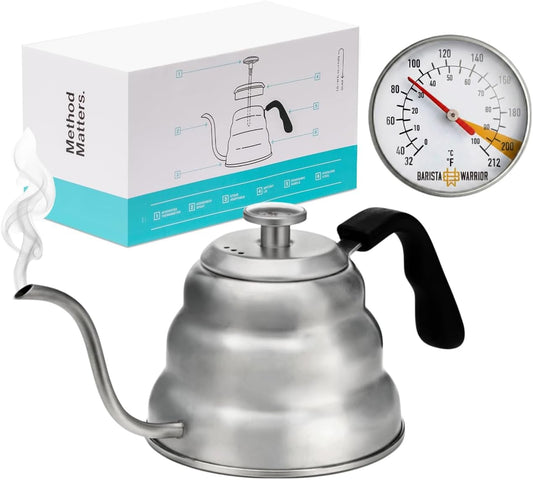 Barista Warrior Gooseneck Kettle with Thermometer - 1L Pour Over Coffee &amp; Tea Kettle, 18/8 Stainless Steel Gooseneck Kettle Pot, Precision Pour Drip Spout, Suitable for All-Stoves (34 fl oz)