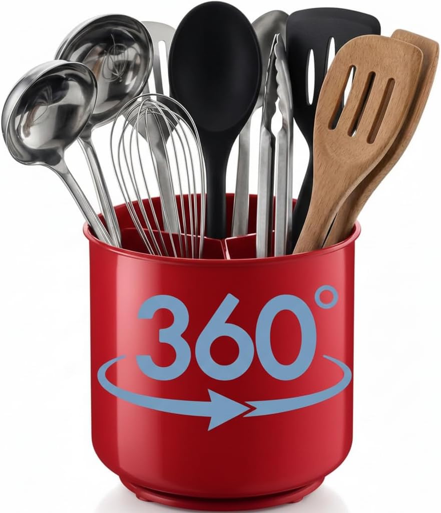 Extra Large Rotating Red Utensil Holder with Sturdy No-Tip Weighted Base, Removable Divider, and Gripped Insert | Rust Proof and Dishwasher Safe Kitchen Utensils Holder by Cooler Kitchen 7*7 Inches