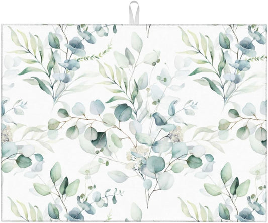 Sage Green Leaves Dish Drying Mat 18x24 inch for Kitchen Counter Watercolor Herbs Plant Kitchen Drying Mats Dishes Pad