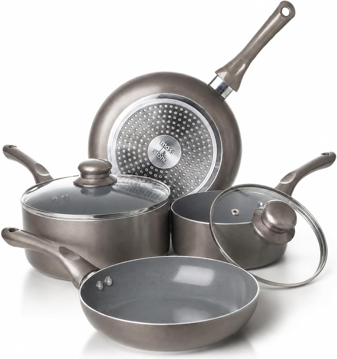Moss & Stone 6 Pcs Dark Grey Nonstick Cookware Set, Pots And Pans Set Non stick With Glass Lid, Induction Cookware, Stay-Cool Handle PTFE/PFOA Kitchen Pots 6-Piece with Frying Pans & Saucepan