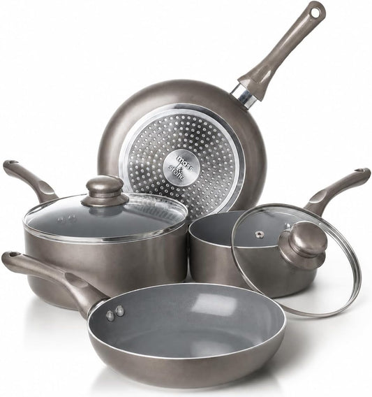 Moss & Stone 6 Pcs Dark Grey Nonstick Cookware Set, Pots And Pans Set Non stick With Glass Lid, Induction Cookware, Stay-Cool Handle PTFE/PFOA Kitchen Pots 6-Piece with Frying Pans & Saucepan