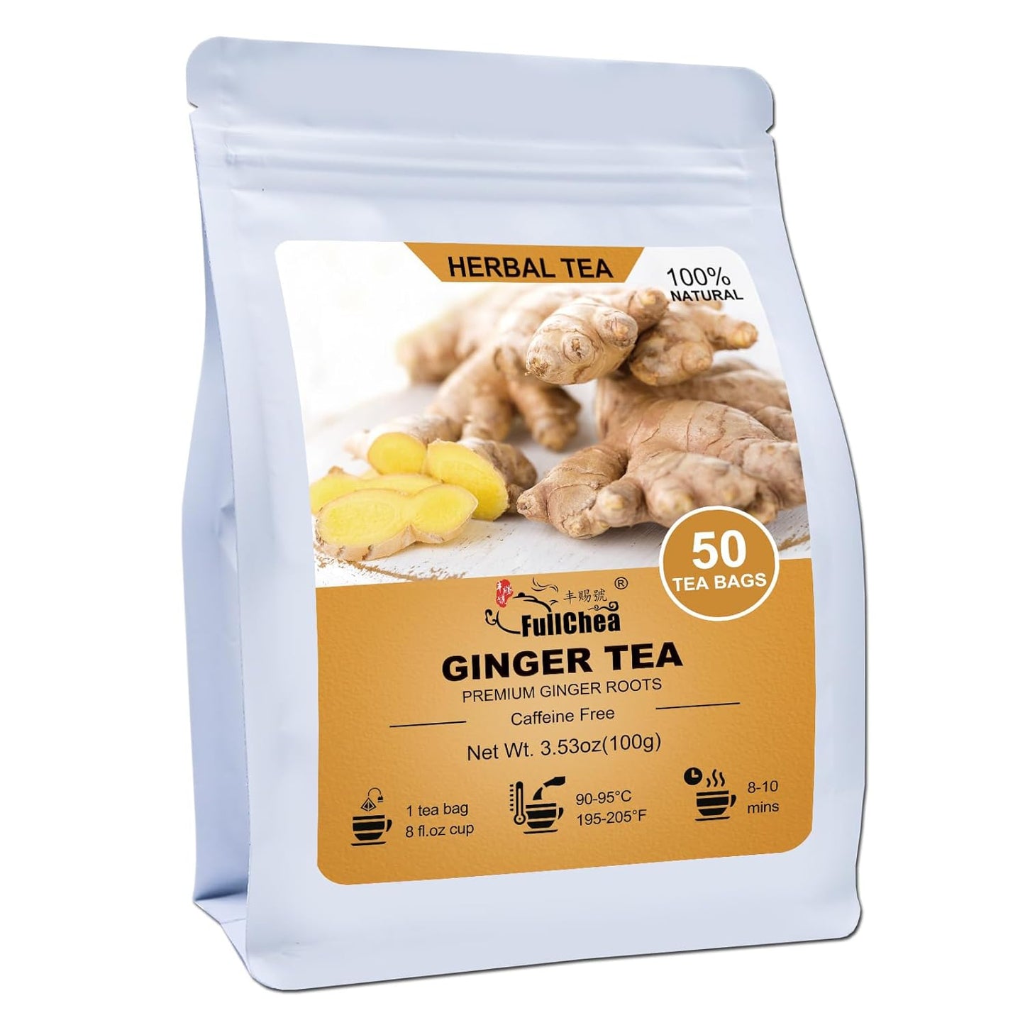 FullChea Ginger Tea Bags, 50 Counts, Te De Jengibre, Non-GMO | Pure Ginger Root,Warm &amp; Spicy, Support Digestion &amp; Boost Immunity, No Additives, Resealable Pouch