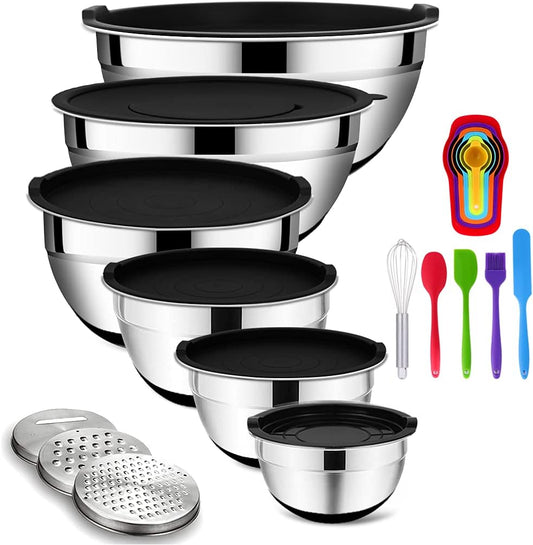 Mixing Bowls Set with Airtight Lids, 20PCS Stainless Steel, Nesting Bowls with 3 Grater Attachments & Non-Slip Bottoms,
