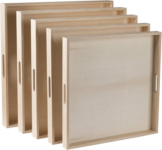 Hammont Wooden Square Trays - Five Piece Nested Serving & Organizing Trays - Rustic Brown Solid Wood - Set of 5 (16x16x1.5",