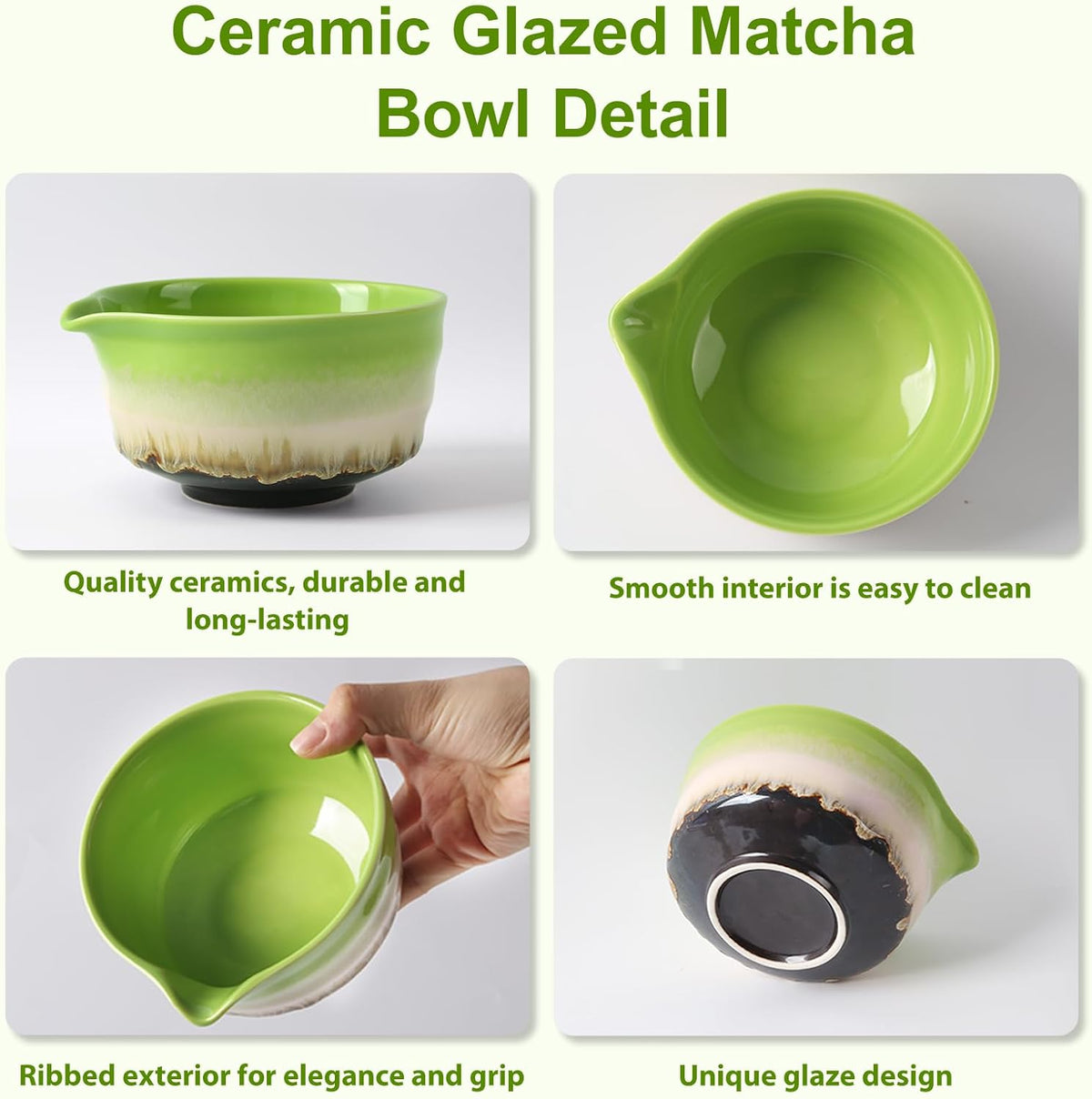 Matcha Whisk Set, 5 PCS Ceramic Matcha Set, Japanese Tea Set Includes Matcha Bowl with Spout, Whisk, Sifter, Holder and Bamboo Spoon, Matcha Kit Gift For Authentic Ceremony (Green)