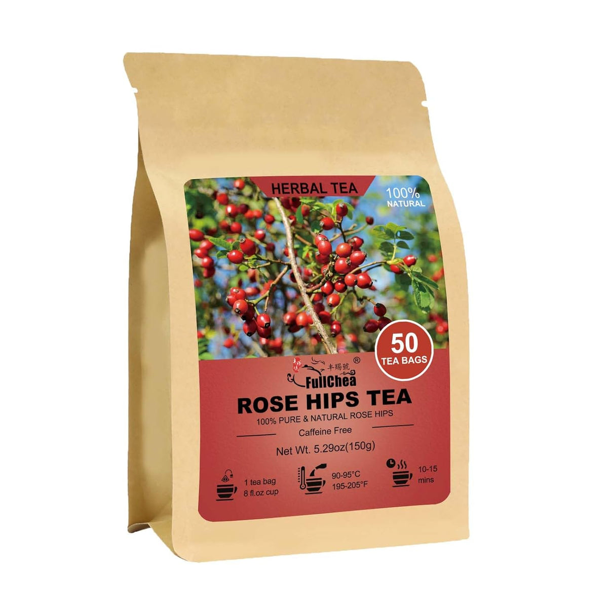 FullChea - Rose Hips Tea Bags, 50 Count, Dried Rose Hips | 100% pure rose hips herbal tea, rich in antioxidants, Non-GMO caffeine-free, easy to brew hot or iced
