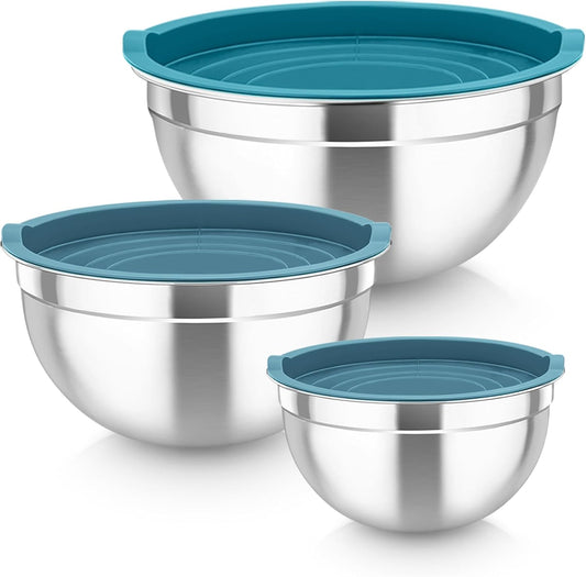 TeamFar Mixing Bowls, Stainless Steel Nesting Salad Bowls with Airtight Lids Set, For Serving/Mixing/Storing, Healthy &