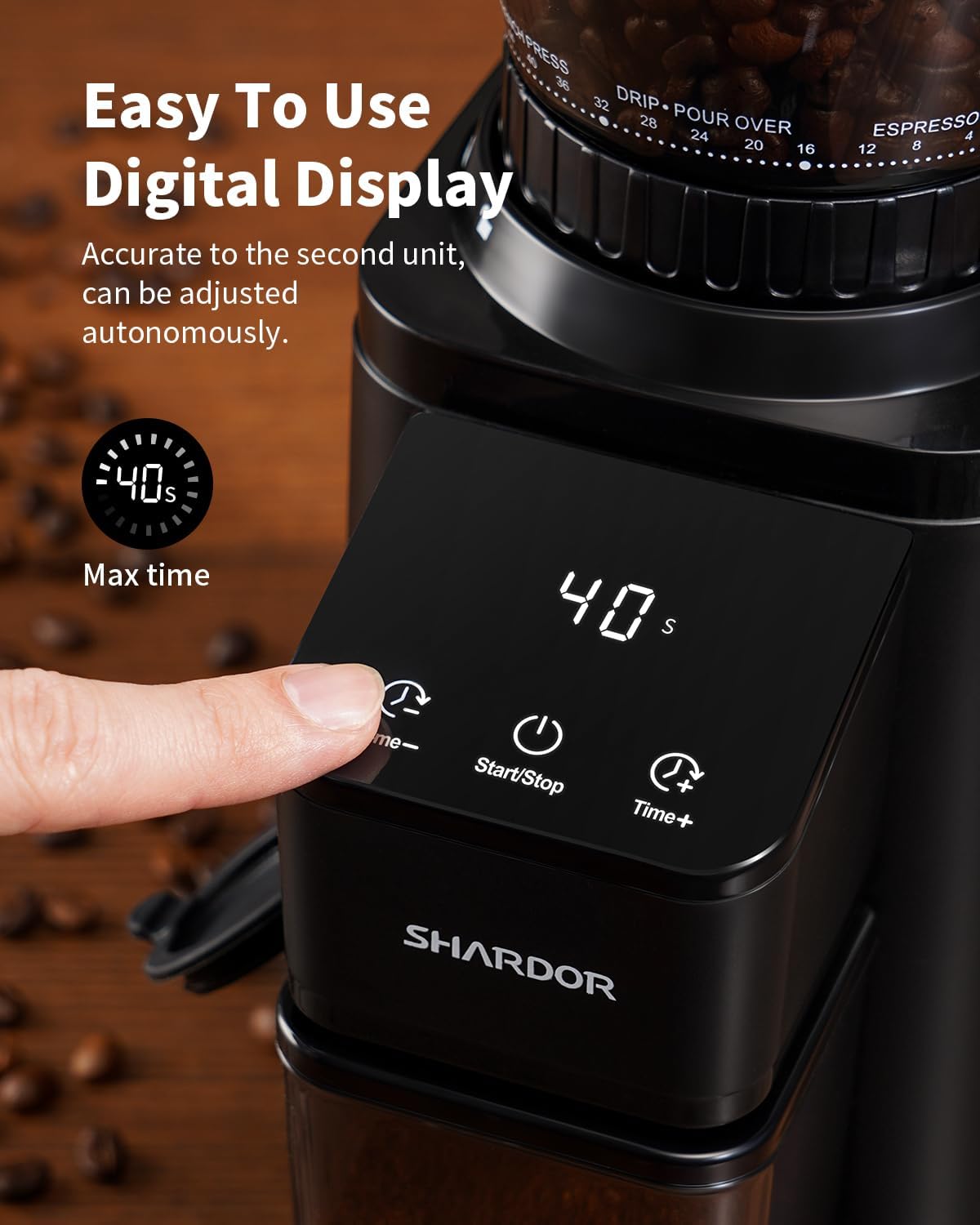 SHARDOR Conical Burr Coffee Bean Grinder, Anti-Static, 48 Settings, Black | Electric Grinding for Home Use, LCD Touchscreen, Precision Timer, Detachable Parts, Low Speed, 150W Motor, 9.7 oz Hopper