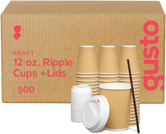 GUSTO [12 oz. - 500 Count Insulated Kraft Ripple Paper Hot Cups, Disposable Coffee Cups With Lids - Ideal for Hot Beverages,