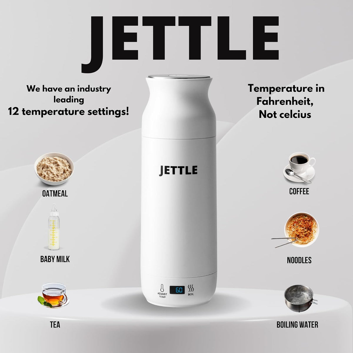 Jettle Portable Electric Kettle, 450ml Travel Water Boiler with LED, White | 304 stainless steel interior, 12 temperature settings, auto shut-off, dry-boil protection, ideal for coffee, tea and travel