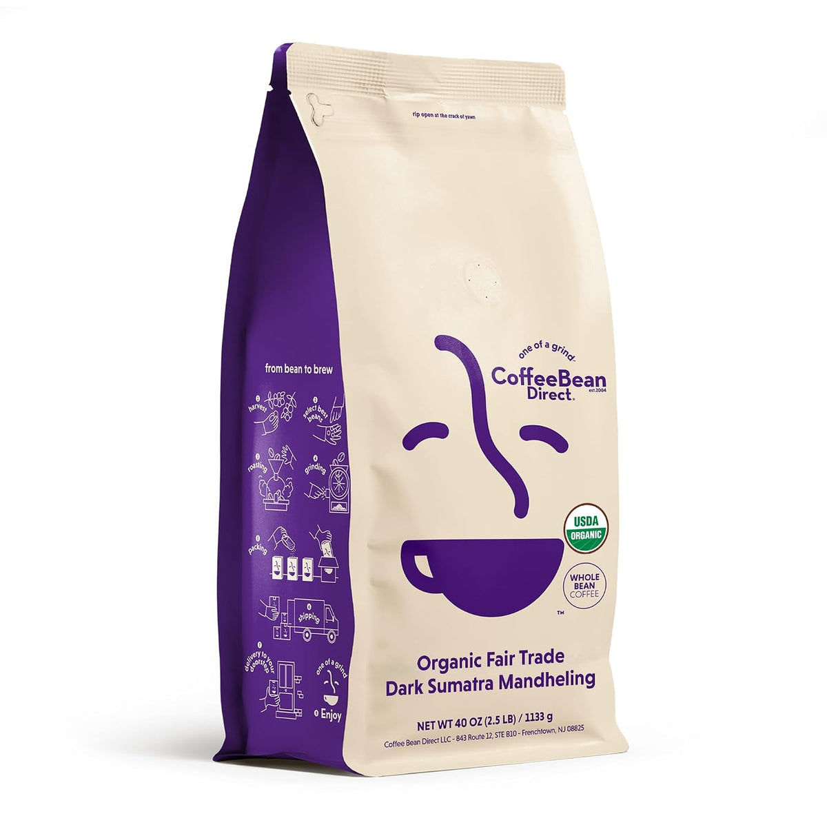 Coffee Bean Direct Organic Fair Trade Dark Sumatra Mandheling, 2.5lb Bag | Whole Bean, Dark Roast, Single Origin Arabica Coffee Beans