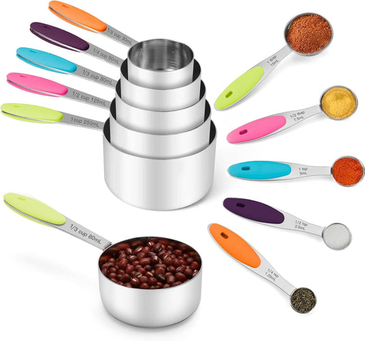 Joyhill Stainless Steel Measuring Cups and Spoons Set of 10 Piece, Nesting Metal Measuring Cups Set with Soft Touch Silicone