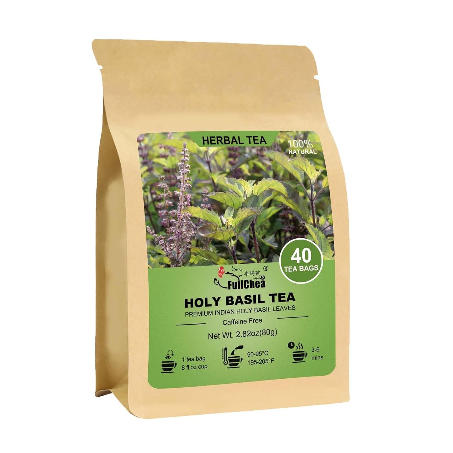 FullChea - Holy Basil Tea Bags, 40 Count, Dried Holy Basil Leaves | 100% pure tulsi holy basil tea, rich in plant antioxidants, Non-GMO caffeine-free, easy to brew hot or iced daily