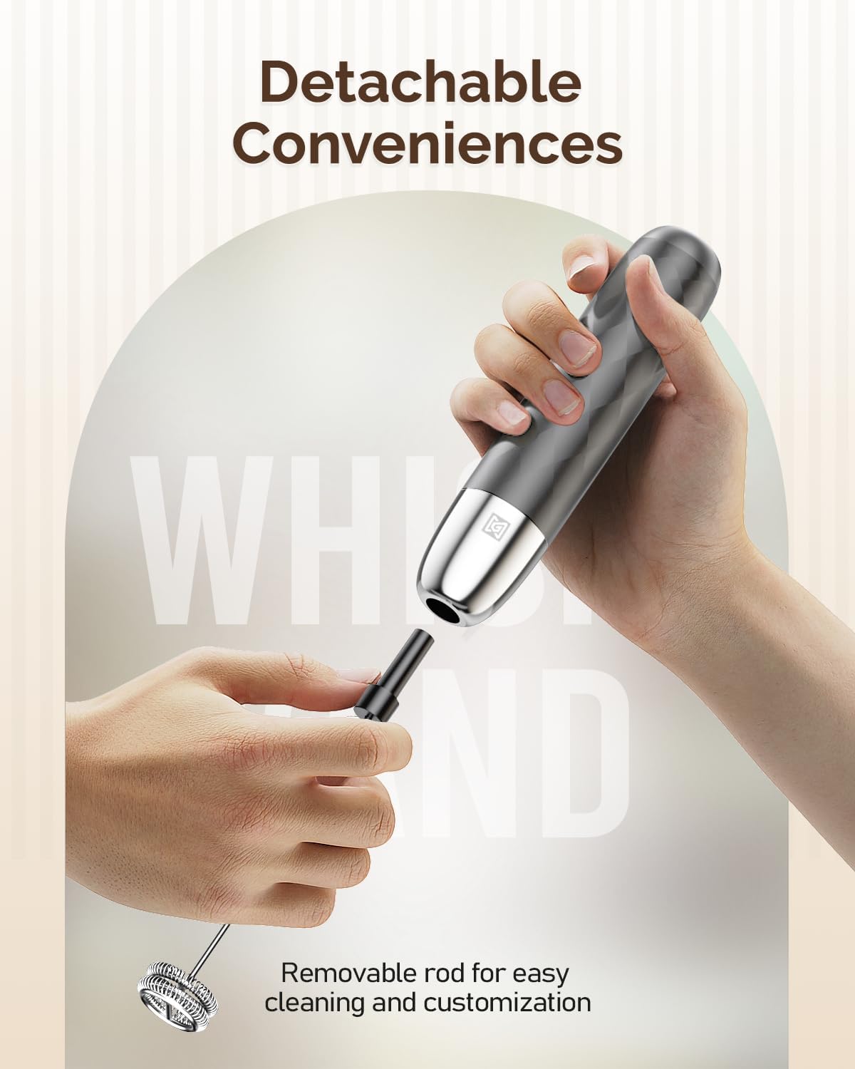 Maestri House Rechargeable Milk Frother, Handheld Electric Foam Maker Detachable Stainless Steel Whisk Drink Mixer Foamer Mini Blender for Matcha, Lattes, Cappuccino, No Stand (Medium Gray and Silver)