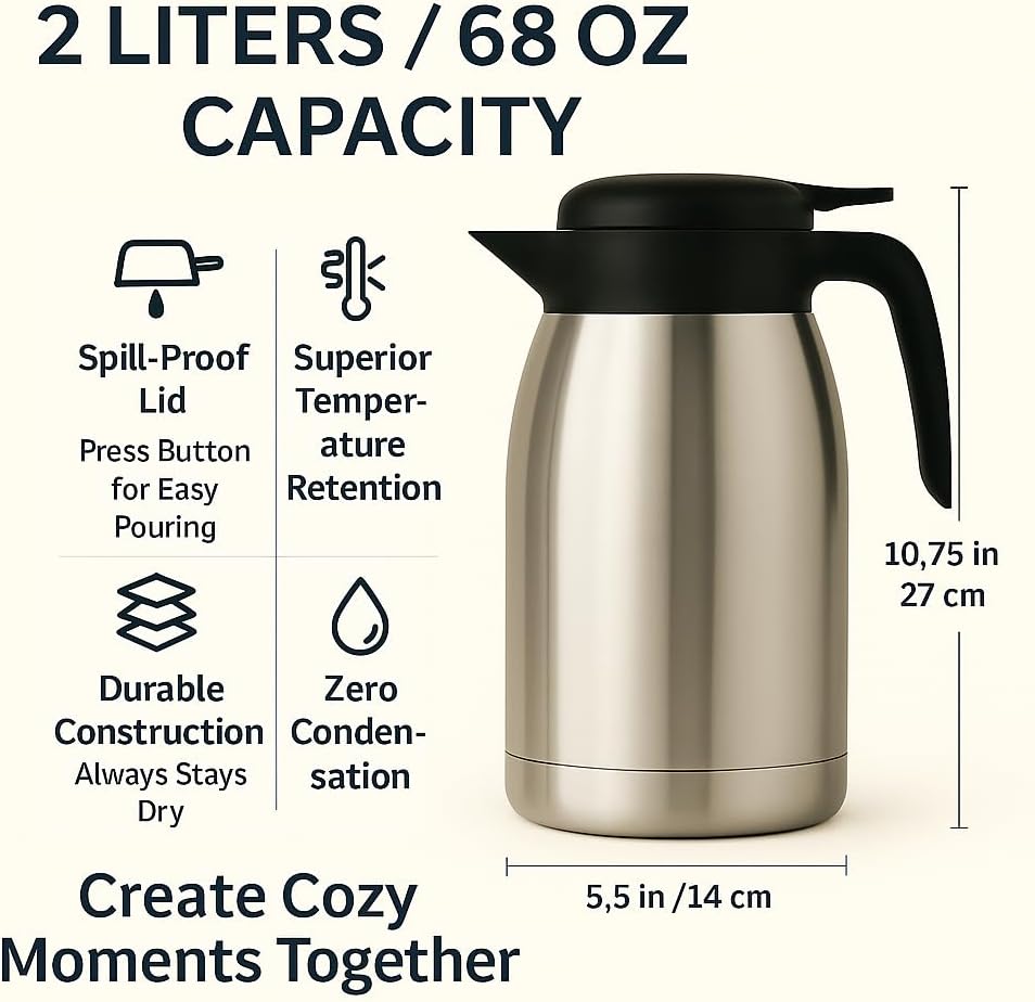 Heritage66 Thermal Coffee Carafe with Cleaning Brush – 68 oz (2 L) Vacuum Insulated Stainless Steel Beverage Dispenser, Keeps Drinks Hot 12 H/Cold 24 H, Ideal for Home, Office &amp; Parties