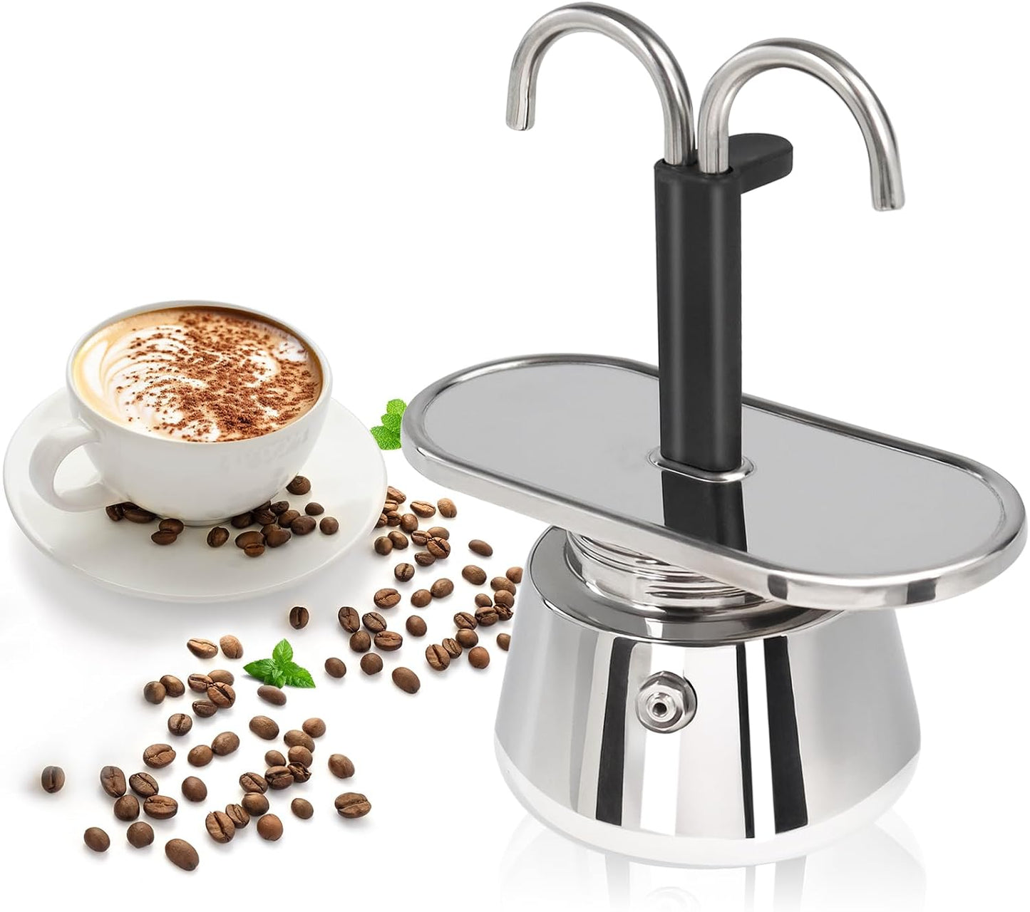 Uncoated 2 Cup Dual Pipe Moka Pot 304 Thickened Stainless Steel | Mini Coffee Maker Stovetop Espresso Coffeemaker Italian Classic Style Brewing Greca Cafe Machine for Cafeteras Travel 150ml
