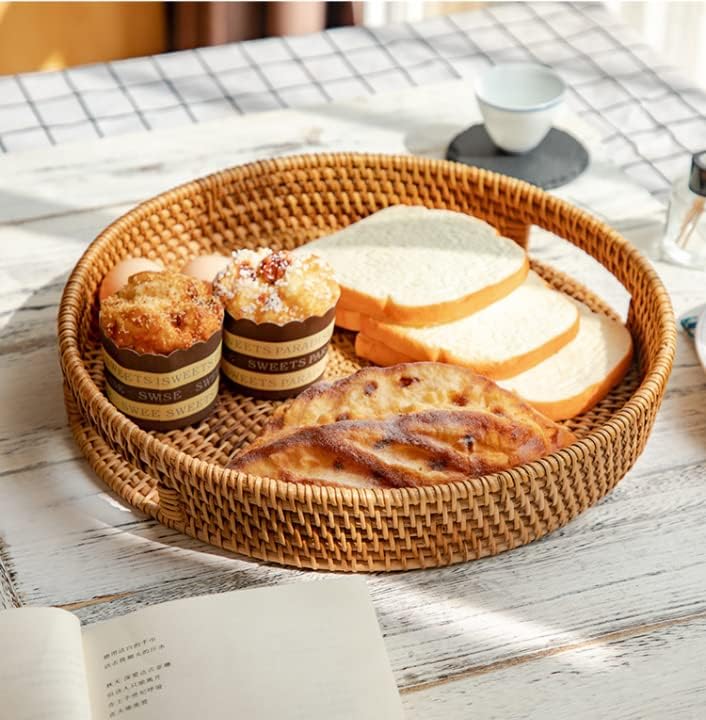 YANGQIHOME Rattan Round Serving Tray, Decorative Coffee Table Tray, Hand Woven Serving Basket with Handles, Ottoman Wicker Fruit/Bread Serving Basket, 13.8 inch
