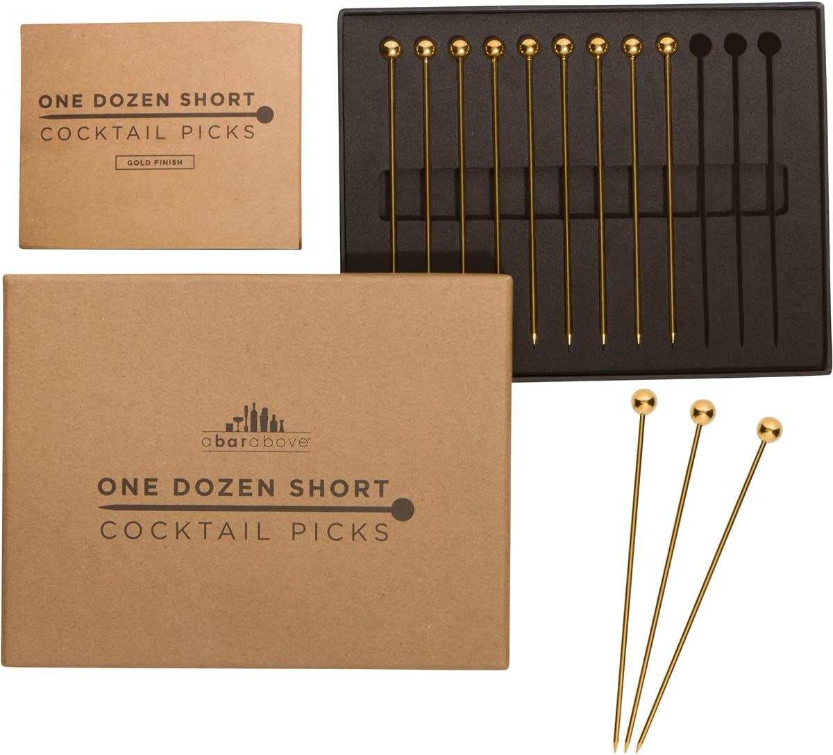 A Bar Above Cocktail Picks, 12 Short 4 Inch Stainless Steel Picks, Gold | Reusable Garnish Sticks, For Martinis and Appetizers, Olives and Shrimp, Bar Accessory, Party Serving Skewers, Bar Cart Piece