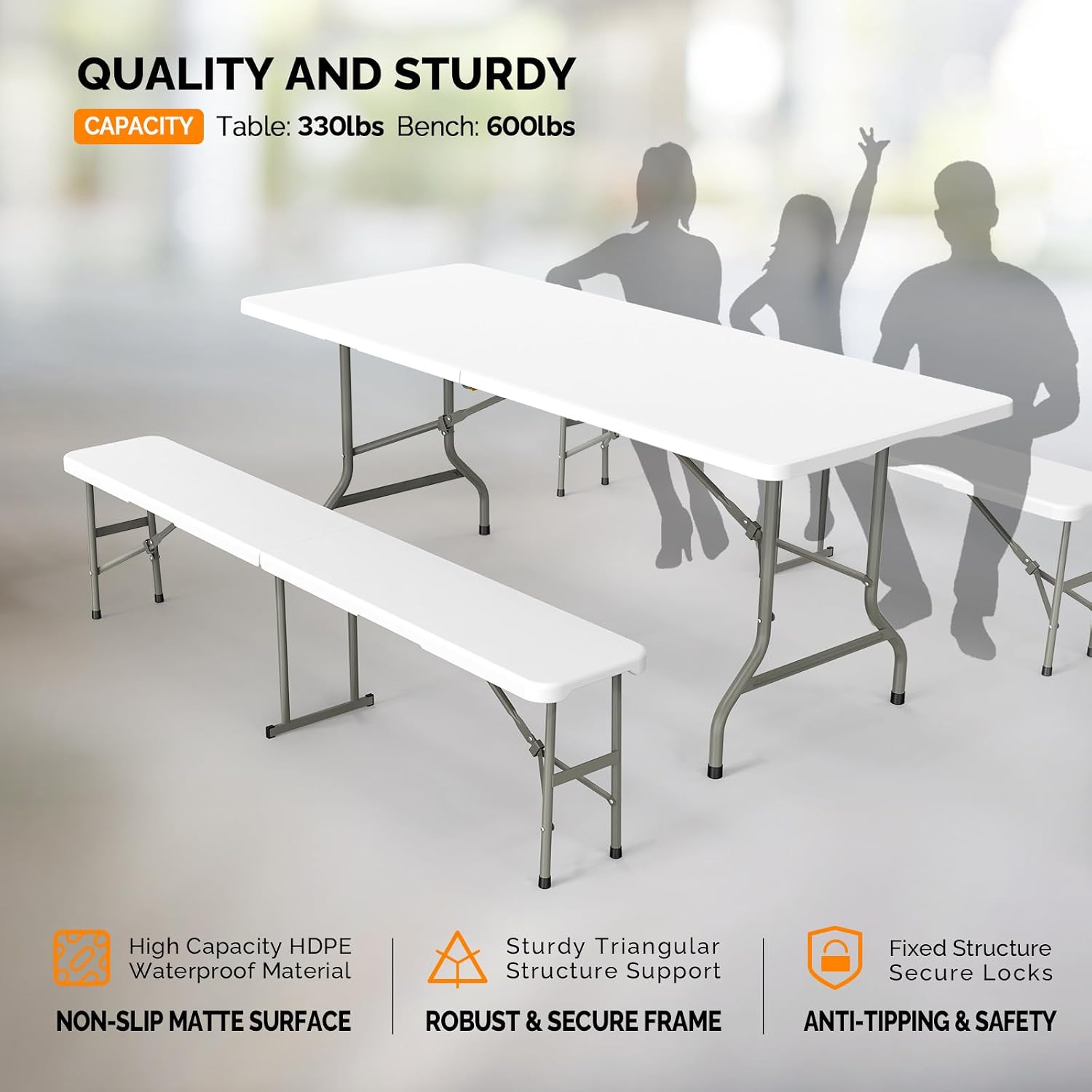 VINGLI Picnic Table Set with 2 Benches, 6 Feet Camping Table Chair Set,3-Piece Folding Furniture for Indoor or Outdoor U